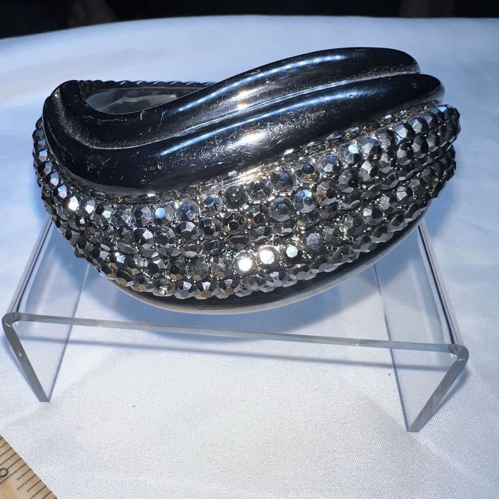 Vintage Gunmetal And Hematite Crystal MCM Hinged Cuff Bracelet
